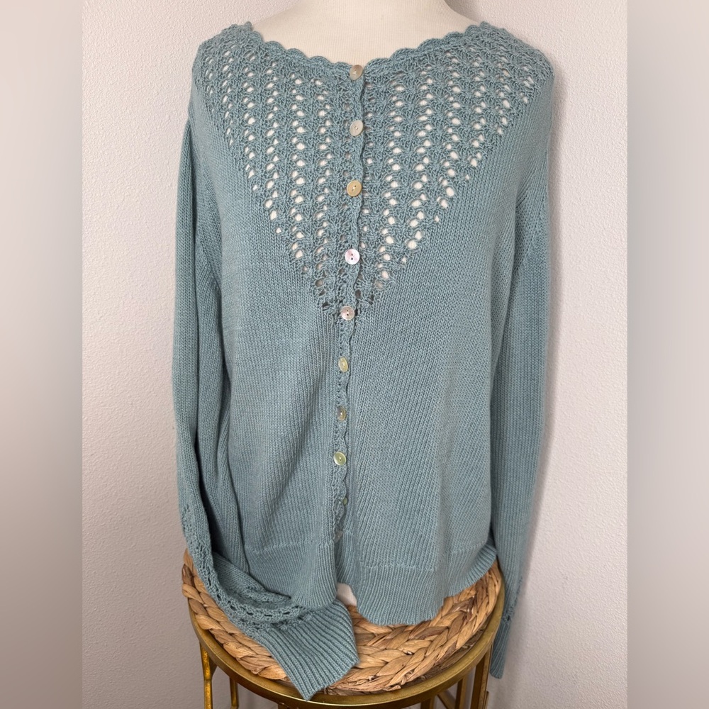 Sundance Cardigan Dover Pointelle Knit Dusty Blue Teal buttoned Cardi sweater - Picture 2 of 8